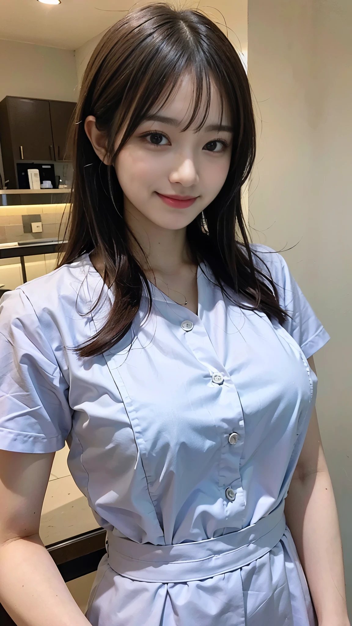 ((highest quality、Masterpiece、High resolution))、(((Zoom photo of upper body)))、(A shy smile:1.2)、One woman、Beautiful Skin、Beautiful Eyes、Big Breasts、Nurse uniform、Black Hair、Trimmed bangs、short hair