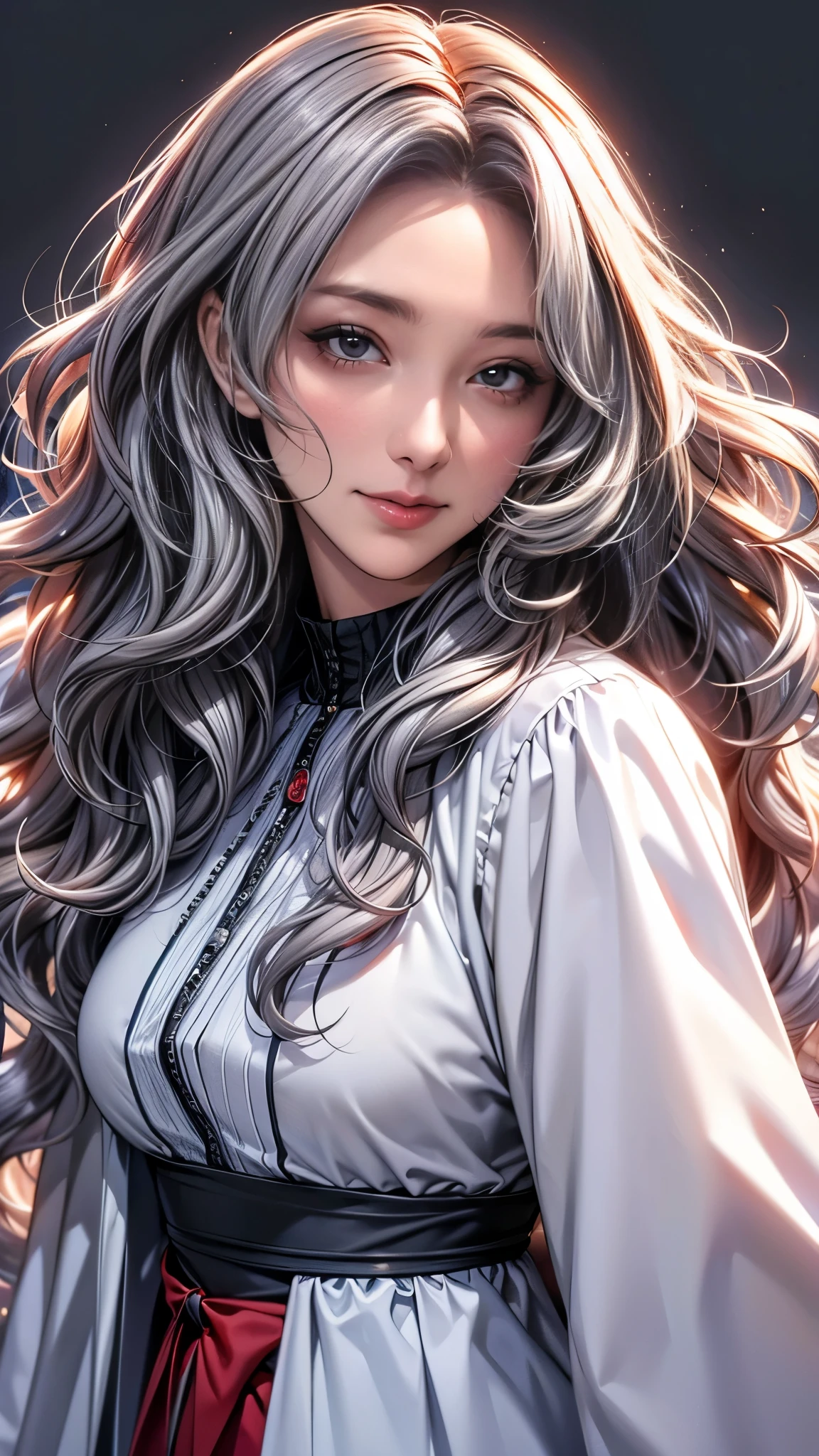 (detailed face, fine eyes, 8k wallpaper, Super detailed, beautifully、aesthetically pleasing, 16K, 8K, UHD, soft lighting, visual key, High resolution, highest quality, masterpiece, digital illustration, Only a perfectly detailed face),(in the city, background city), (software, full length), (Happy), ((red eyes, 1 girl )),(gray hair, long wavy hair),CG unity,