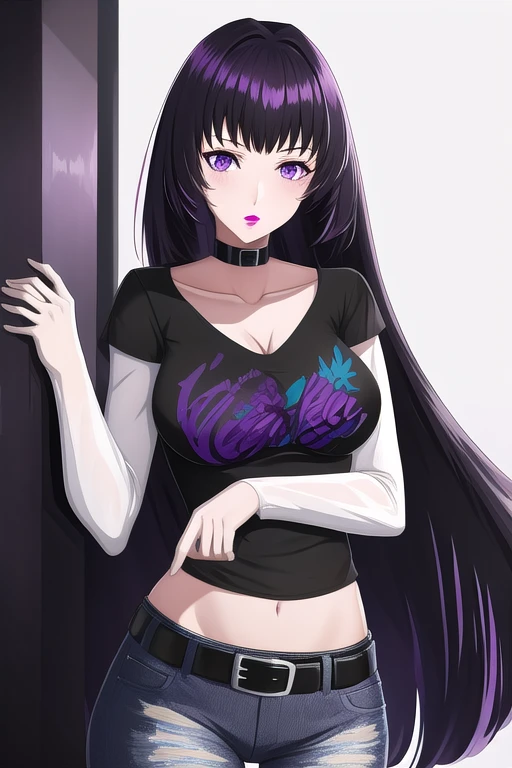 veyle_engage, 1girl, purple eyes, solo, black t-shirt, white shirt, jeans, belt, lipstick, large breasts