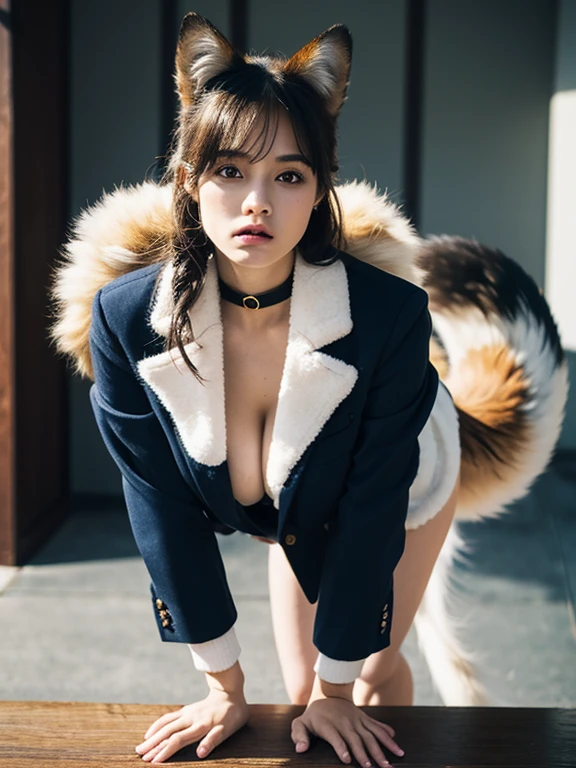 ((highest quality, 32k)), ((masterpiece)), (Familiar), Perfect Face, vixen, Pretty girl, Company Office, Has a tail, She has a northern fox tail., She stands up her fluffy tail, Dog collar, Beautiful hip line, Big Breasts, She wears a business suit, A big tail sticks out, Troubled face, Climb on all fours, Nice body