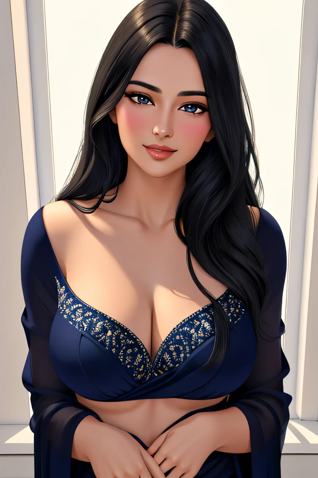 (best quality,4k,8k,highres,masterpiece:1.2),ultra-detailed,(realistic,photorealistic,photo-realistic:1.37),portrait,sexy woman,long straight black hair,detailed eyes,detailed lips,beautiful face,navy blue saree,silver embroidery,seductively gazing,smiling,blushing intensely,perfect body,hot body,vivid colors,studio lighting