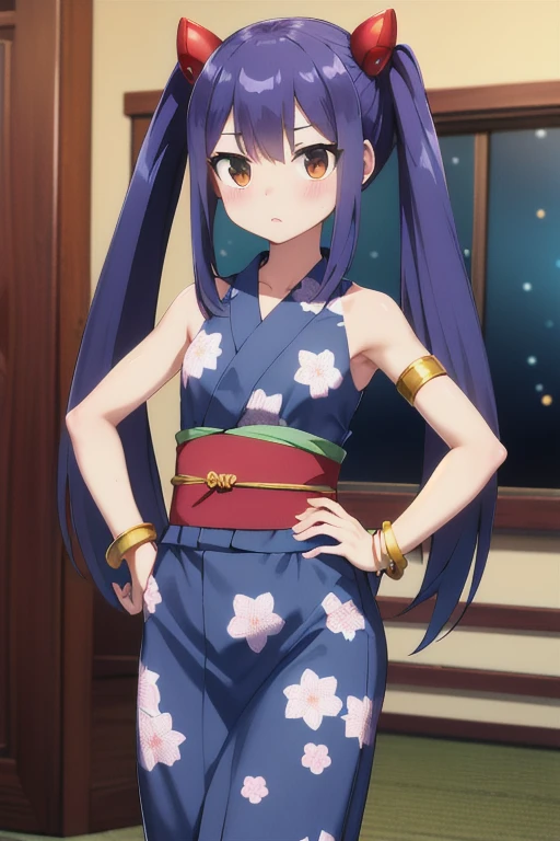 masterpiece, highest quality, High resolution, Arwendy, Long Hair, Twin tails, hair ornaments, Exposing shoulders,
yukata,Bracelet, bracelet, at home, hands on hips, Cowboy Shot, Embarrassing,