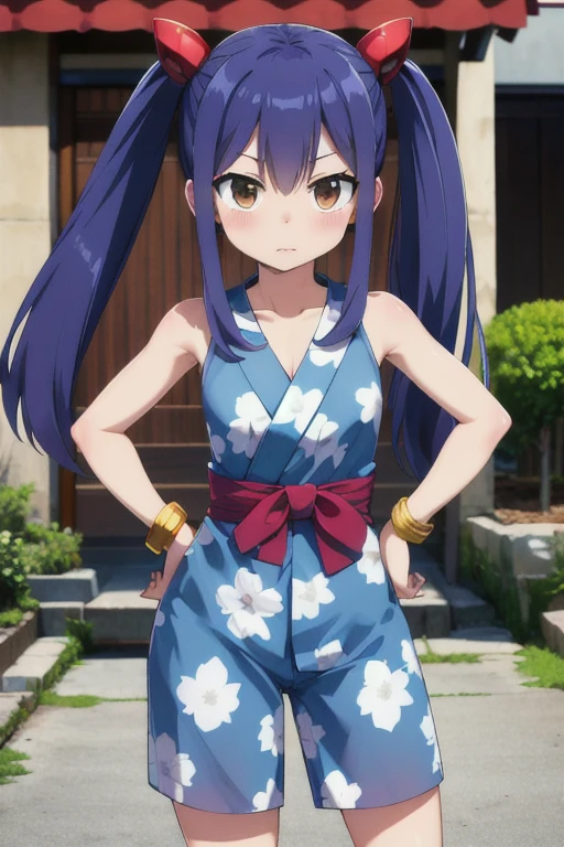 masterpiece, highest quality, High resolution, Arwendy, Long Hair, Twin tails, hair ornaments, Exposing shoulders, 
yukata,Bracelet, bracelet, at home,	hands on hips, Cowboy Shot, Embarrassing,

