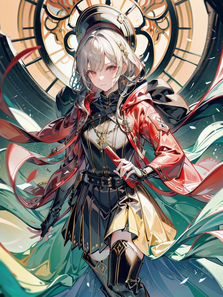 cool cowgirl, cowboy hat, blouse, decorated hooded armor jacket, cross belt, mini skirt, Red leather long boots, absurdres, RAW photo, extremely delicate and beautiful, masterpiece, Best Quality, ultra high resolution, 32k, hyperrealistic, ultra-detailed, detailed description, pale skin, 20 years old, tearful mole, earring, short medium hair, wavy hair, whole body shot,