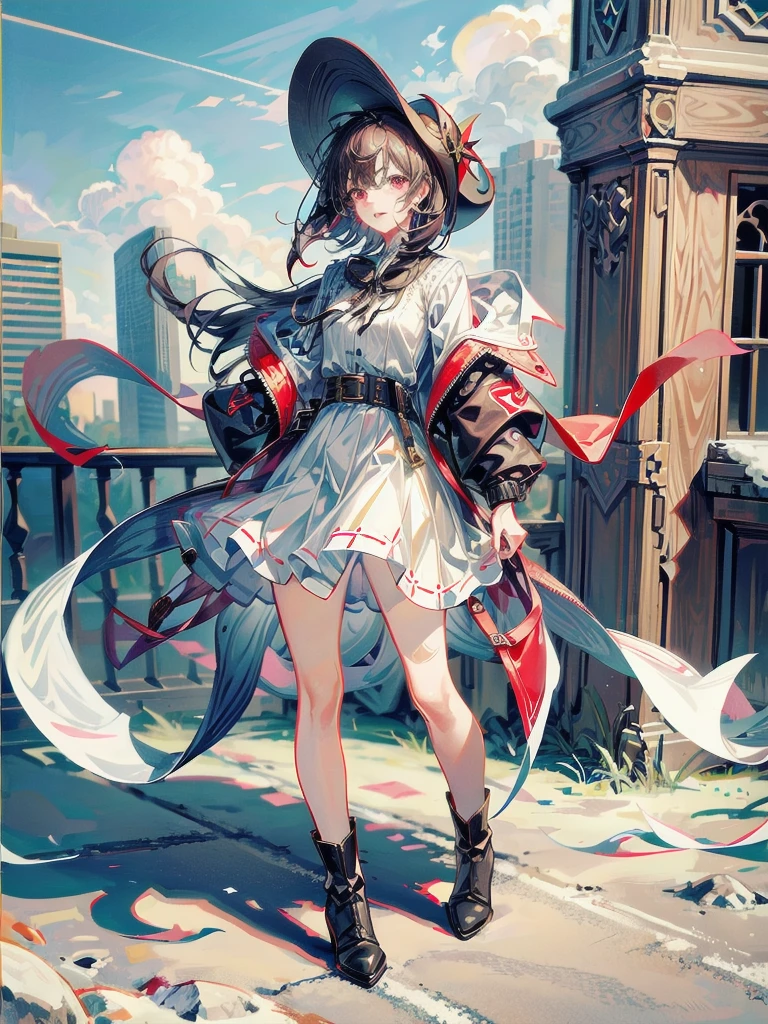 cool cowgirl, cowboy hat, blouse, decorated hooded armor jacket, cross belt, mini skirt, Red leather long boots, absurdres, RAW photo, extremely delicate and beautiful, masterpiece, Best Quality, ultra high resolution, 32k, hyperrealistic, ultra-detailed, detailed description, pale skin, 20 years old, tearful mole, earring, short medium hair, wavy hair, whole body shot,