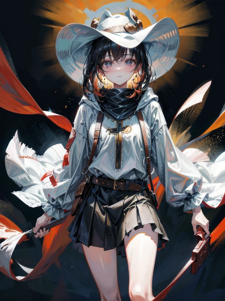 cool cowgirl, cowboy hat, blouse, decorated hooded armor jacket, cross belt, mini skirt, Red leather long boots, absurdres, RAW photo, extremely delicate and beautiful, masterpiece, Best Quality, ultra high resolution, 32k, hyperrealistic, ultra-detailed, detailed description, pale skin, 20 years old, tearful mole, earring, short medium hair, wavy hair, whole body shot,