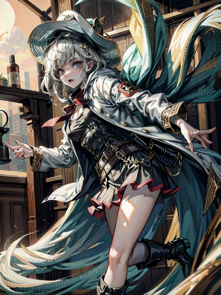 cool cowgirl, cowboy hat, blouse, decorated hooded armor jacket, cross belt, mini skirt, Red leather long boots, absurdres, RAW photo, extremely delicate and beautiful, masterpiece, Best Quality, ultra high resolution, 32k, hyperrealistic, ultra-detailed, detailed description, pale skin, 20 years old, tearful mole, earring, short medium hair, wavy hair, whole body shot,
