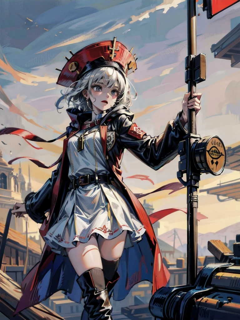 cool cowgirl, cowboy hat, blouse, decorated hooded armor jacket, cross belt, mini skirt, Red leather long boots, absurdres, RAW photo, extremely delicate and beautiful, masterpiece, Best Quality, ultra high resolution, 32k, hyperrealistic, ultra-detailed, detailed description, pale skin, 20 years old, tearful mole, earring, short medium hair, wavy hair, whole body shot,