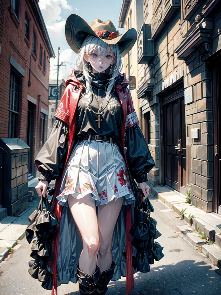 cool cowgirl, cowboy hat, blouse, decorated hooded armor jacket, cross belt, mini skirt, Red leather long boots, absurdres, RAW photo, extremely delicate and beautiful, masterpiece, Best Quality, ultra high resolution, 32k, hyperrealistic, ultra-detailed, detailed description, pale skin, 20 years old, tearful mole, earring, short medium hair, wavy hair, whole body shot,