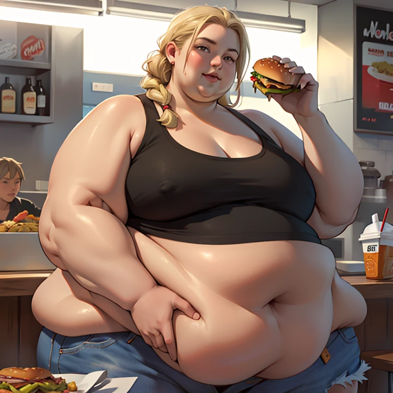 masterpiece, best quality, highres, detailed, (realistic:1.3), young european woman, USSBBW, ((((morbidly obese)))), detailed face, beautiful face, high aesthetic, hot pants, tanktop, blonde braided hair, eating a huge burger, burger joint