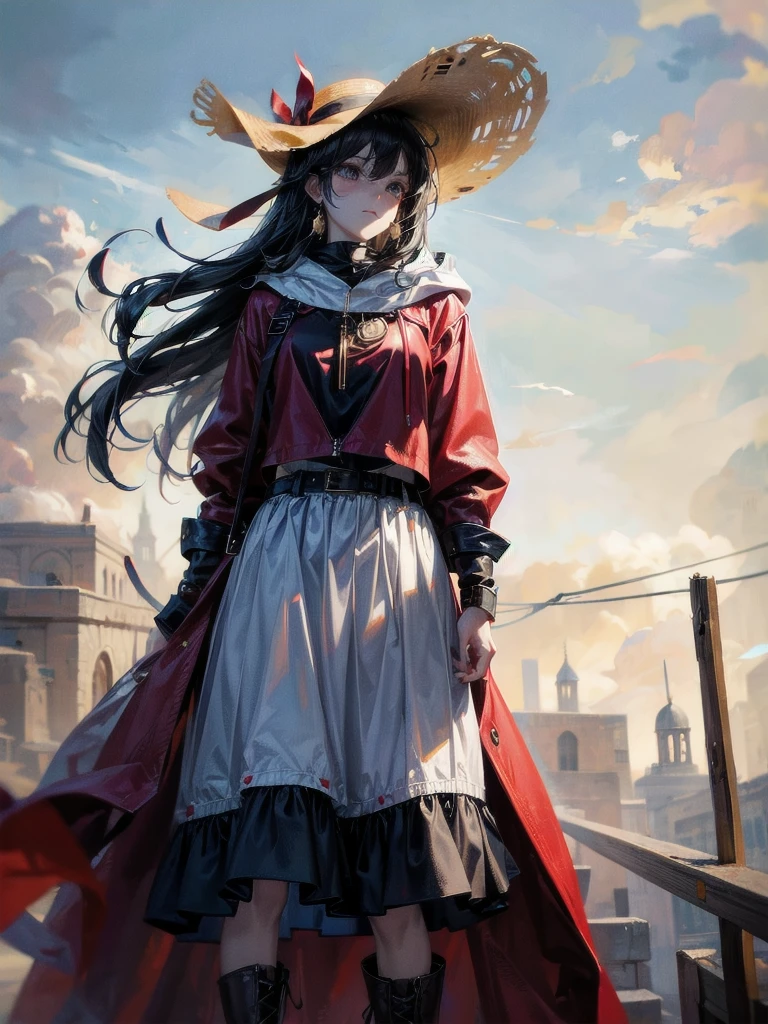 cool cowgirl, cowboy hat, blouse, decorated hooded armor jacket, cross belt, mini skirt, Red leather long boots, absurdres, RAW photo, extremely delicate and beautiful, masterpiece, Best Quality, ultra high resolution, 32k, hyperrealistic, ultra-detailed, detailed description, pale skin, 20 years old, tearful mole, earring, short medium hair, wavy hair, whole body shot,
