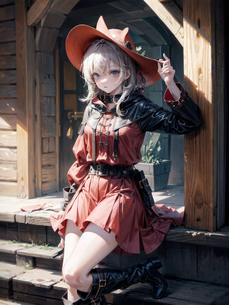 cool cowgirl, cowboy hat, blouse, decorated hooded armor jacket, cross belt, mini skirt, Red leather long boots, absurdres, RAW photo, extremely delicate and beautiful, masterpiece, Best Quality, ultra high resolution, 32k, hyperrealistic, ultra-detailed, detailed description, pale skin, 20 years old, tearful mole, earring, short medium hair, wavy hair, whole body shot,