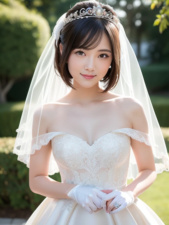 (Best quality: 1.5), (Realistic: 1.5), (1 person: 1.5), (Medium shot: 1.5), Highly detailed, High resolution, 8k, Medium breasts, Natural colored lips, Cute smile, Japanese woman, 20-year-old girl, beautiful and elegant features, perfect and beautiful face, large eyes with good balance between the left and right sides, brunette eyes, beautiful and elegant features, beautiful double eyelids, natural bangs, beautiful thin nose, beautiful skin, fair skin, (medium bob hair), natural bangs, perfect and beautiful face, slim face and figure, (looks at the camera with a sweet smile), bright lighting, professional lighting, forward lighting, princess line wedding dress, best Wearing a luxury bridal tiara (wearing a pure white off-shoulder wedding dress), luxury wedding dress, white lace gloves, bridal veil, (Western garden with beautiful roses), Western garden, holding out her left hand , bridal ring,