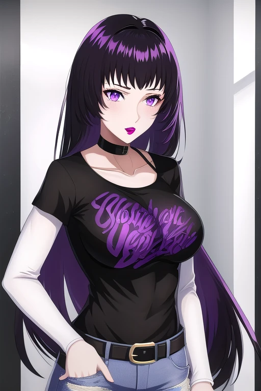 veyle_engage, 1girl, purple eyes, solo, black t-shirt, white shirt, jeans, belt, lipstick, large breasts