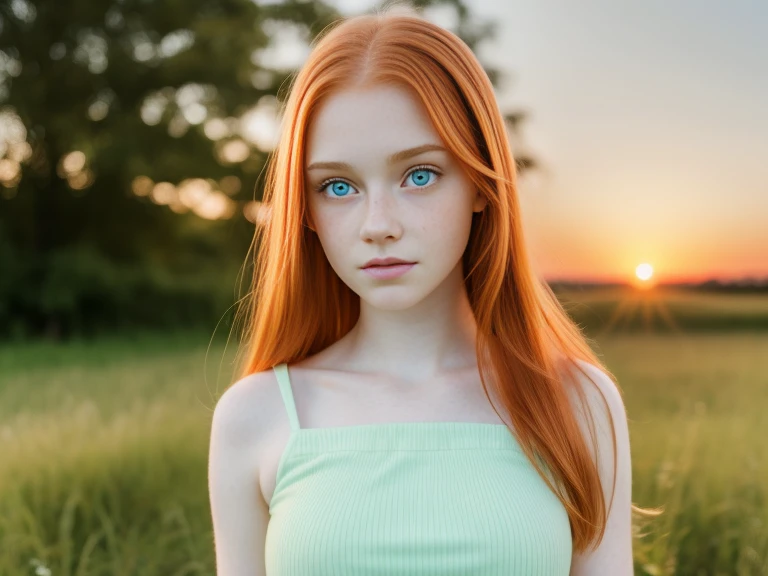 ultra realistic image, a ginger teenager girl, cute face, big green eyes, with a little freckles, a top, full body, at dawn, round face, pale skin