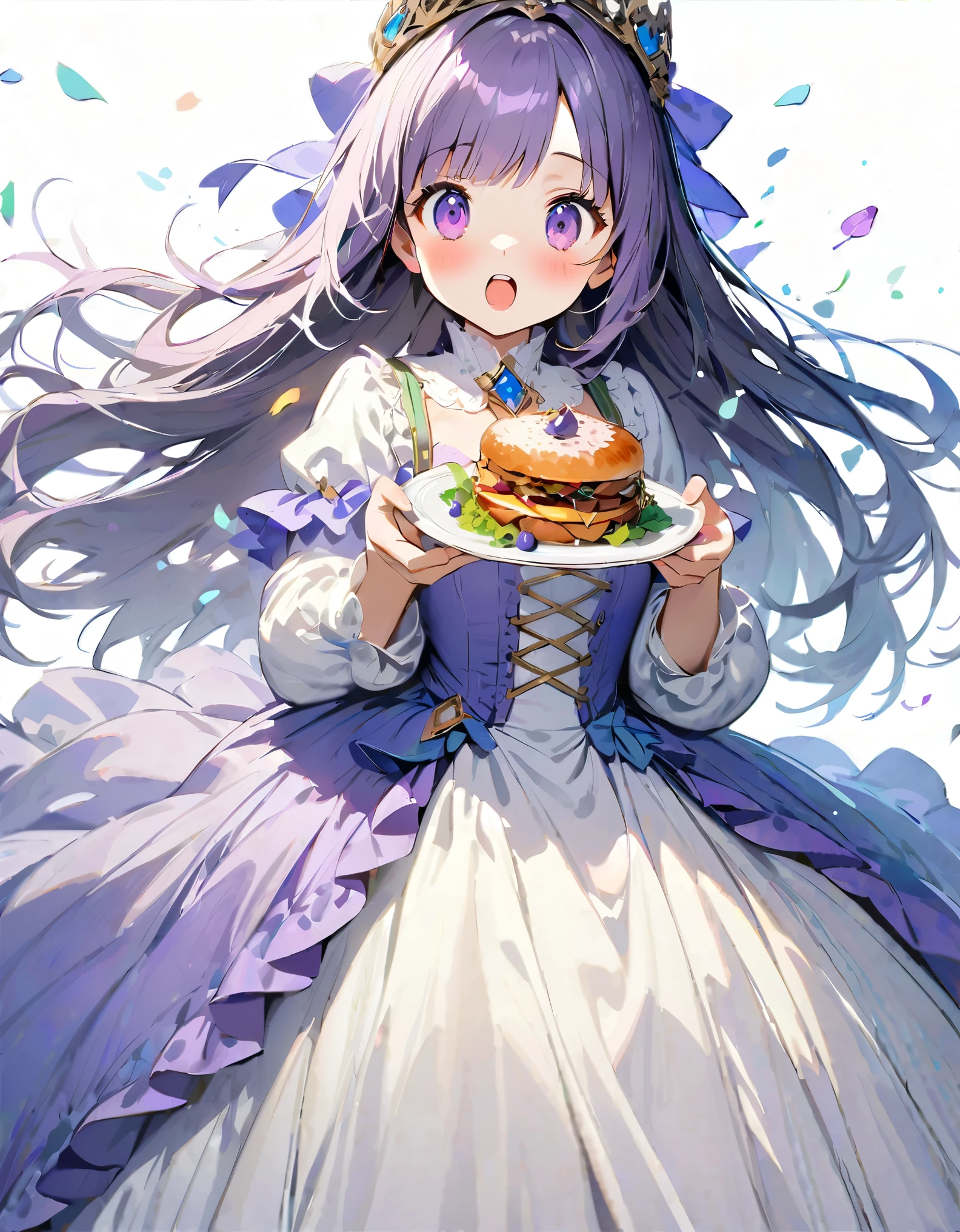 (White Background:1.5)One girl is surprised by how delicious the food is, Beautiful and detailed, Purple long hair, Pale purple eyes, Princess Dress,Impressionist art