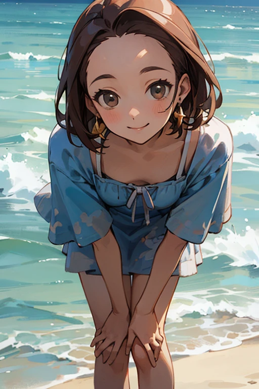 (model posing, leaning forward, hands on knees), upper body shot, 
(masterpiece, best quality, detailed:1.3), light watercolor, 
a girl, bob, center part, forehead, brown hair, Earrings, seducive smile, 
BREAK (outside, beach, ocean:1.2), summer dress