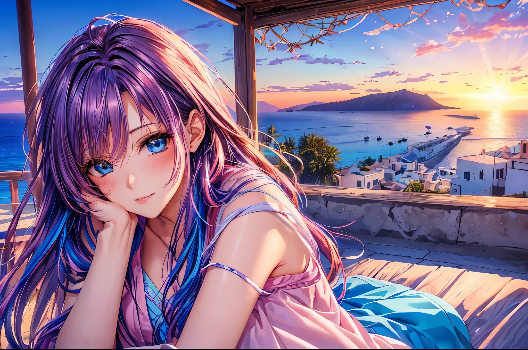 Woman in Greece portrait anime dark blue hair streaked pink purple hair blue eyes Nikon camera sunset hour realistic photography Beach House at Greek island animation realistic brown hair