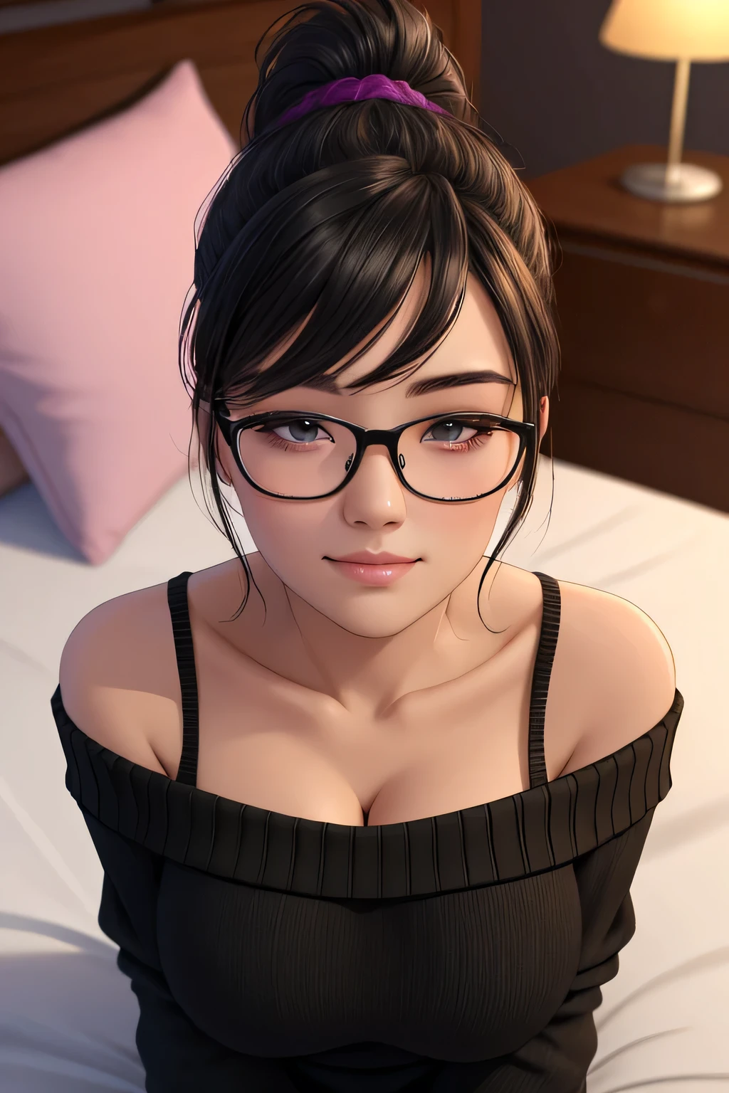 (best quality,4k,8k,highres,masterpiece:1.2),ultra-detailed,(realistic,photorealistic,photo-realistic:1.37),portraits,sexy,cute,beautiful face,intense gaze,smiling blush,black hair,ponytail,glasses,purple knitted off shoulder sweater,bare shoulders,black pants,lying on bed,head on pillow,facing up,medium chest,cleavage,perfect body