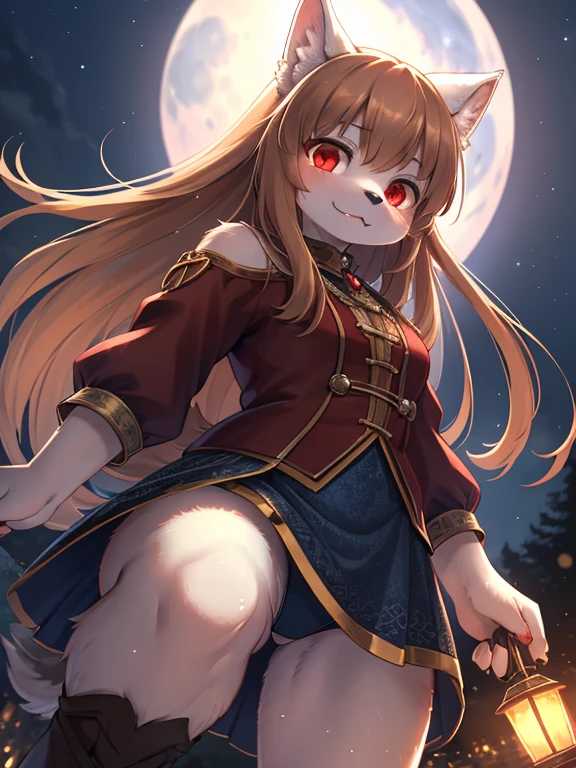 spice and wolf style , Unrealistic Perspective , dynamic angle , rule of thirds Layout , Bokeh , dynamic fashion model action , hairy wolf girl , realistic hairy fur , round face , moist round red eyes , Swollen cheeks , white skin , white fur , (midnight , blue moon light) , (Simple clothes:1.2)
