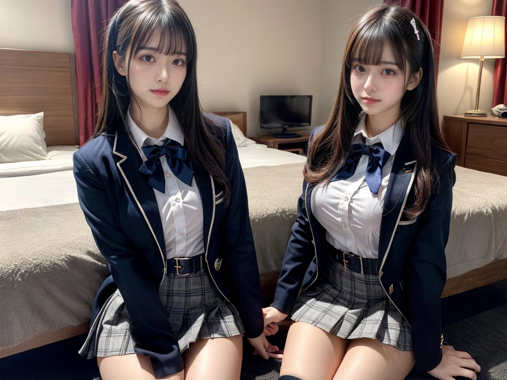 muster piece, best quality, illustration, Super detailed, fine details, High resolution, 8K,wall paper, perfect dynamic composition,(Details High quality, realistic depiction of eyes:1.3), ((2 girls, 2 schoolgirls)), The background is a luxury hotel room、High school girl uniform、blazer 、Super Short Check Uniform Skirt、Navy blue high socks、garterbelts、Colossal tits、Disturbed uniform, Play with each other,Touching each other's bodies,Touching the body of the girl next door, short bob hair, black hair color, huge breasts, Big Natural Color Lip, bold sexy pose, (perfect body shape), crying a little、cold gaze, Harajuku style、Beautiful makeup,glitter makeup,Cutest 18 years old, beautiful legs, hposing Gravure Idol, Voluptuous thighs