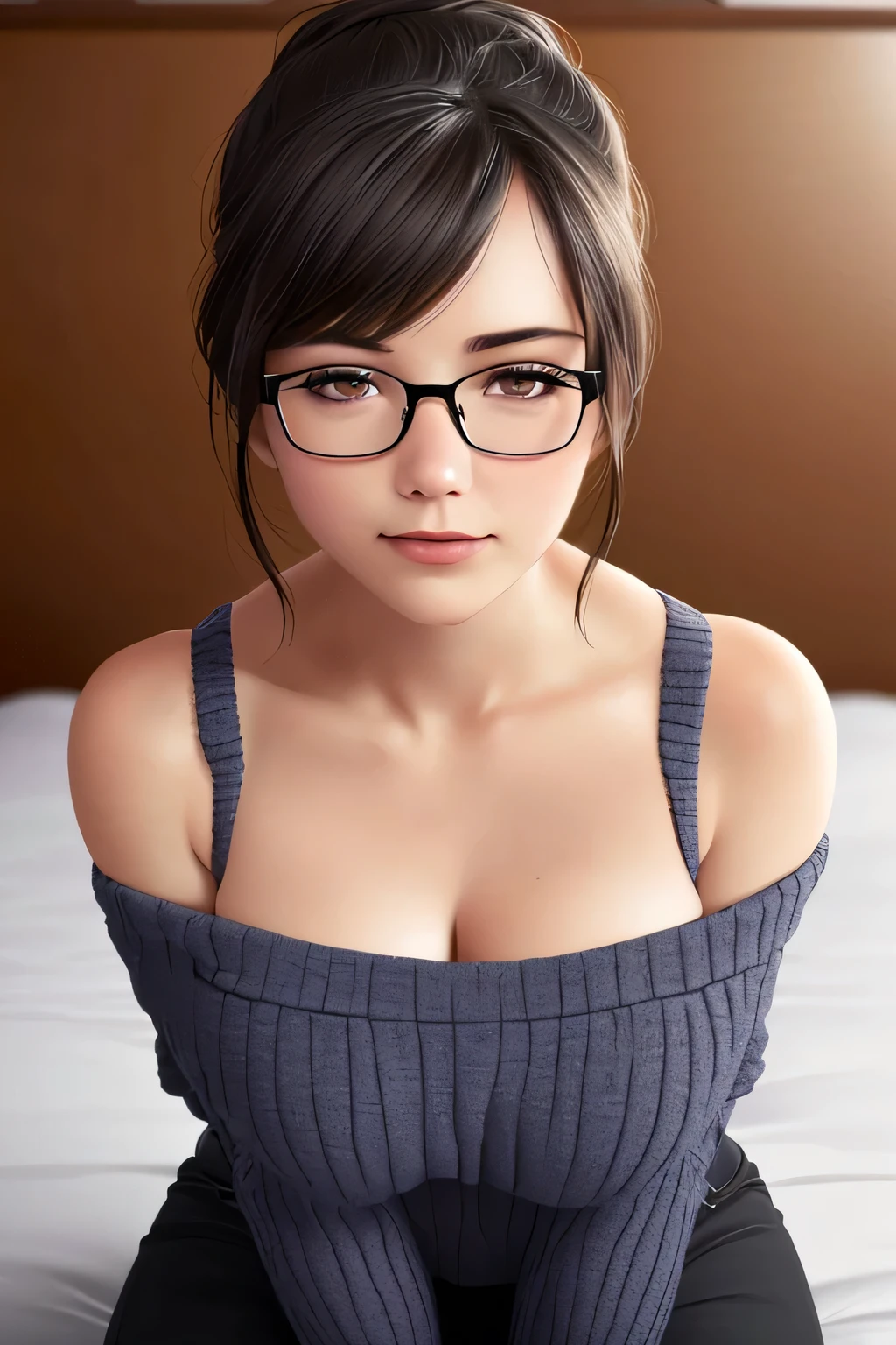 (best quality,4k,8k,highres,masterpiece:1.2),ultra-detailed,(realistic,photorealistic,photo-realistic:1.37),portraits,sexy,cute,beautiful face,intense gaze,smiling blush,black hair,ponytail,glasses,purple knitted off shoulder sweater,bare shoulders,black pants,lying on bed,head on pillow,facing up,medium chest,cleavage,perfect body