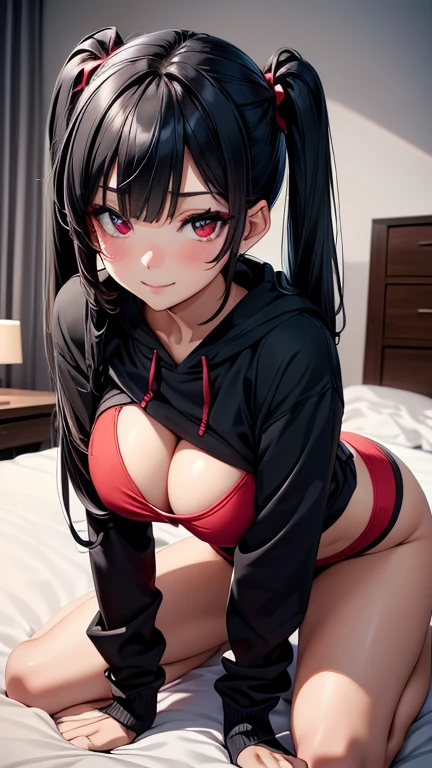 A woman, black long hair, twintail hair, red eyes, beautiful eyes, beautiful eyelashes, (big breasts), cleavage, (sexy body), blushing, blush makeup, (red eyeliner makeup), smiling, sexy lips, shiny skin, pink hotpants, black croptop hoodie, on the bed, bedroom, ((full body shot)), (ultra high quality), (perfect hands), perfect anatomy,