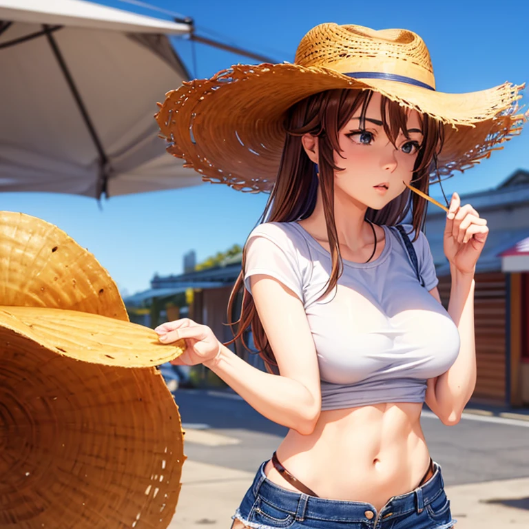 A woman in full-zip shorts eats a tlayuda at a taco stand Jeans have a belt With side slits Big Upper body nakown Hair Straw hat