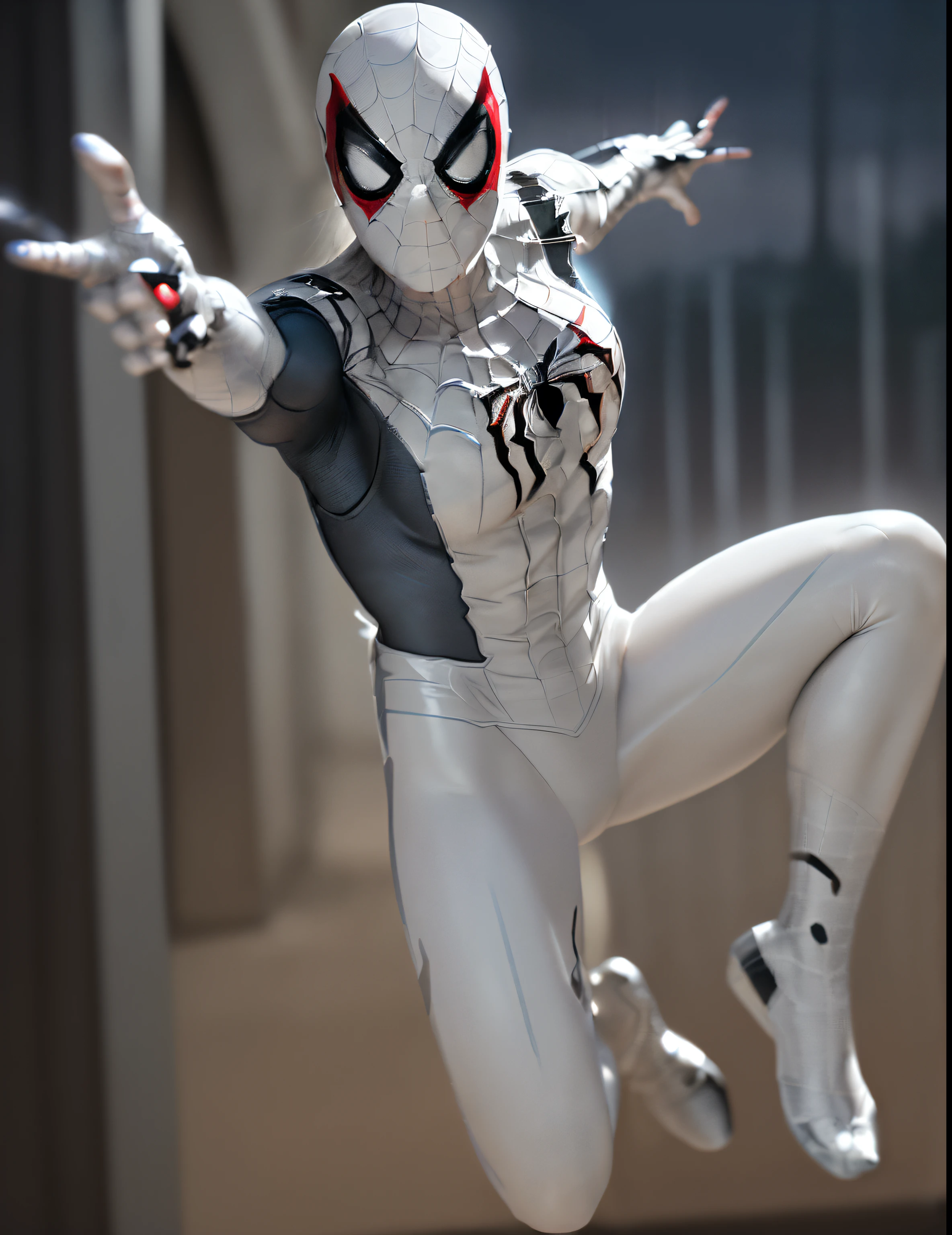 (Extreme Detail CG Unity 8K wallpaper, masterpiece, highest quality), (Exquisite lighting and shadow, highly dramatic picture, Cinematic lens effect), a girl in a white Spider-Man costume, silver gray hair color, from the Spider-Man parallel universe, Wenger, Marvel, Spider-Man, in the old temple, in the rain, no mask face, dynamic pose), (excellent detail, excellent lighting, wide angle), (excellent rendego on temple, enough to stand out in its class), focus on white Spider-Man costumes, complex spider textures