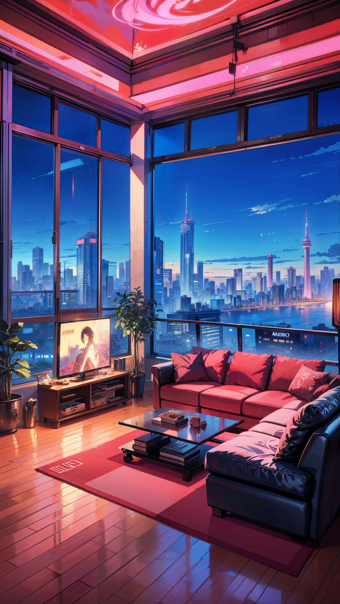 a painting of a living room filled with furniture and a large window, hd anime cityscape, anime style cityscape, the cyberpunk apartment, cyberpunk apartment, art deco outrun anime aesthestic, anime background art, anime asthetic, rio de janeiro in an anime film, anime wallaper, anime atmospheric, screenshot from a 2012s anime, anime background, anime aesthetic, anime. by makoto shinkai, hd anime cityscape, anime scenery concept art, anime scenery, style of makoto shinkai, makoto shinkai art style, anime. by makoto shinkai, by Makoto Shinkai, by makoto shinkai, anime scenery, kyoto animation, 4k hd,, beautiful art uhd 4 k, a beautiful artwork illustration, beautiful digital painting, highly detailed digital painting, beautiful digital artwork, detailed painting 4 k, very detailed digital painting, rich picturesque colors, gorgeous digital painting, saturated, no human