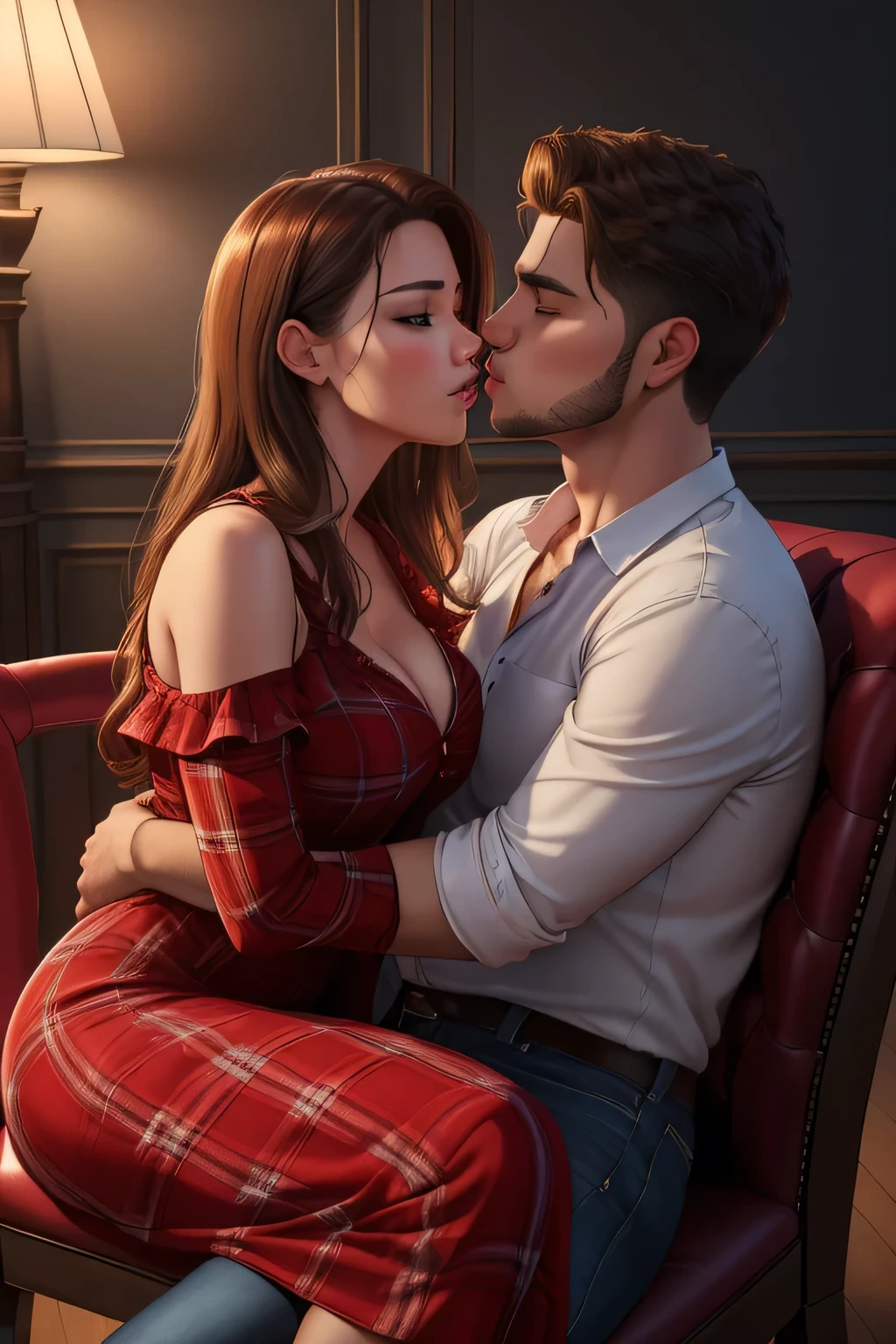 (best quality,4k,8k,highres,masterpiece:1.2),ultra-detailed,(realistic,photorealistic,photo-realistic:1.37), portraits,color grading,dramatic lighting,passionate,love,attraction,erotic,sensual,red dress,flannel shirt,jeans,sexy woman,young man,on lap,chair,kissing,making out,dim lighting,desire,lust