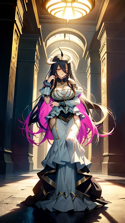 ((highest quality)), ((masterpiece)),(detailed),High resolution,Sharp focus,Perfect Face,One girl,
(非常にdetailed CG unity 8k wallpaper),(((Vibrant colors))),
Albedo, Black Hair,Ahoge, White Devil's Horn,Glowing yellow eyes, Long and narrow pupils Big breasts,glamorous_expensive_Tight waist_Long legs,curve,
Black wings,(Low Wing:1.1),  Wings with feathers,
(Flying debris, 超High resolution),(((White and gold theme))),Wear an iridescent aura,
Invisible Light, Amazing shine, neon blue glow, The colors of another world,
Bright colors, Ghostly Effects,Surreal Landscape,
erotic,Bold,露出度のexpensive服装,show 肌,White Dress, Hip vents, White gloves, Exposing shoulders, Detachable collar, Cleavage, Wicked Smile,
Arrogant look, from below,Put your hand on your cheek,
Great Underground Tomb of Nazarick,Western-style castle,indoor,Throne Room,Stone pillars,A huge, highly decorated throne,Cinematic,dark, Grainy,Fantasy,night,Spotlight,stylish pose, contrapposto,