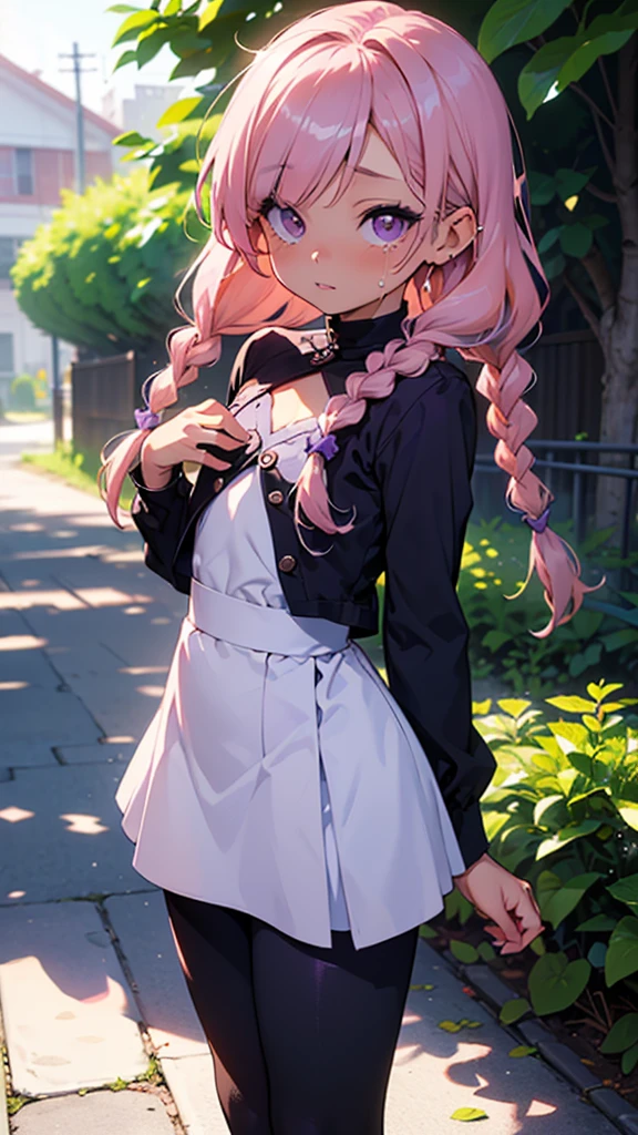 cute doodle, Bokeh, depth of field, bloom, ambient occlusion, Tyndall effect, dappled light, 1girl, solo, dark skin, sideboob, pink hair, very short hair, asymmetrical hair, low ponytail, hair over one eye, purple eyes, crying, boyish clothes, skirt suit, leggings, legs apart, raise both hands, heart hands, afternoon, front view, looking at viewer, warehouse(((little ,small tiny body,,chibi,small))),(((6 ))),(((1 toddler:1))),(baby face),ce),(little chest),(big forhead:1.2),(beautiful big eyes:1.3),extremely detailed cute anime face, (((flat chest))),((((long twin braids,tight braids,long braid,braided hair,long hime cut,lite hair,pink hair,colored inner hair)))),(((purple_eyes:1.3))