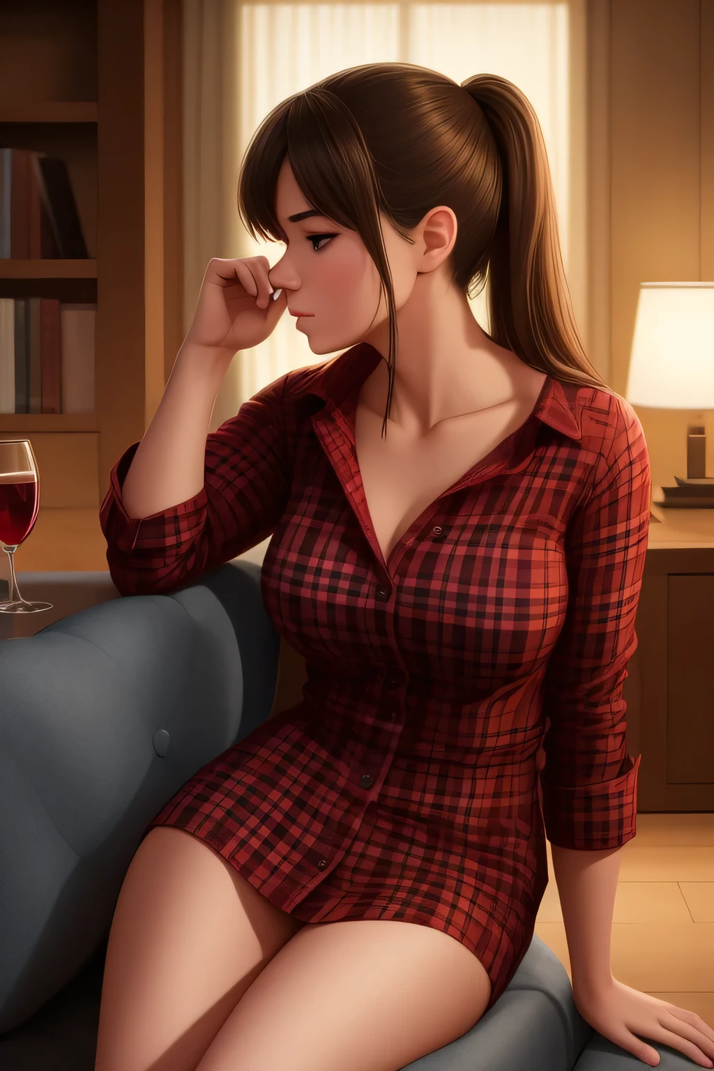 (best quality,4k,8k,highres,masterpiece:1.2),ultra-detailed,(realistic,photorealistic,photo-realistic:1.37), portraits,color grading,dramatic lighting,passionate,love,attraction,erotic,sensual,red dress,flannel shirt,jeans,sexy woman,young man,on lap,chair,kissing,making out,dim lighting,desire,lust