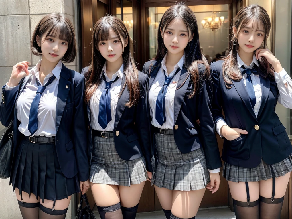 muster piece, best quality, illustration, Super detailed, fine details, High resolution, 8K,wall paper, perfect dynamic composition,(Details High quality, realistic depiction of eyes:1.3), ((2 girls, 2 schoolgirls)), The background is a luxury hotel room、High school girl uniform、blazer 、Super Short Check Uniform Skirt、Navy blue high socks、garterbelts、Colossal tits、Disturbed uniform, Play with each other,Touching each other's bodies,Touching the body of the girl next door, short bob hair, black hair color, huge breasts, Big Natural Color Lip, bold sexy pose, (perfect body shape), crying a little、cold gaze,  Harajuku style、Beautiful makeup,glitter makeup,Cutest 18 years old, beautiful legs, hposing Gravure Idol, Voluptuous thighs