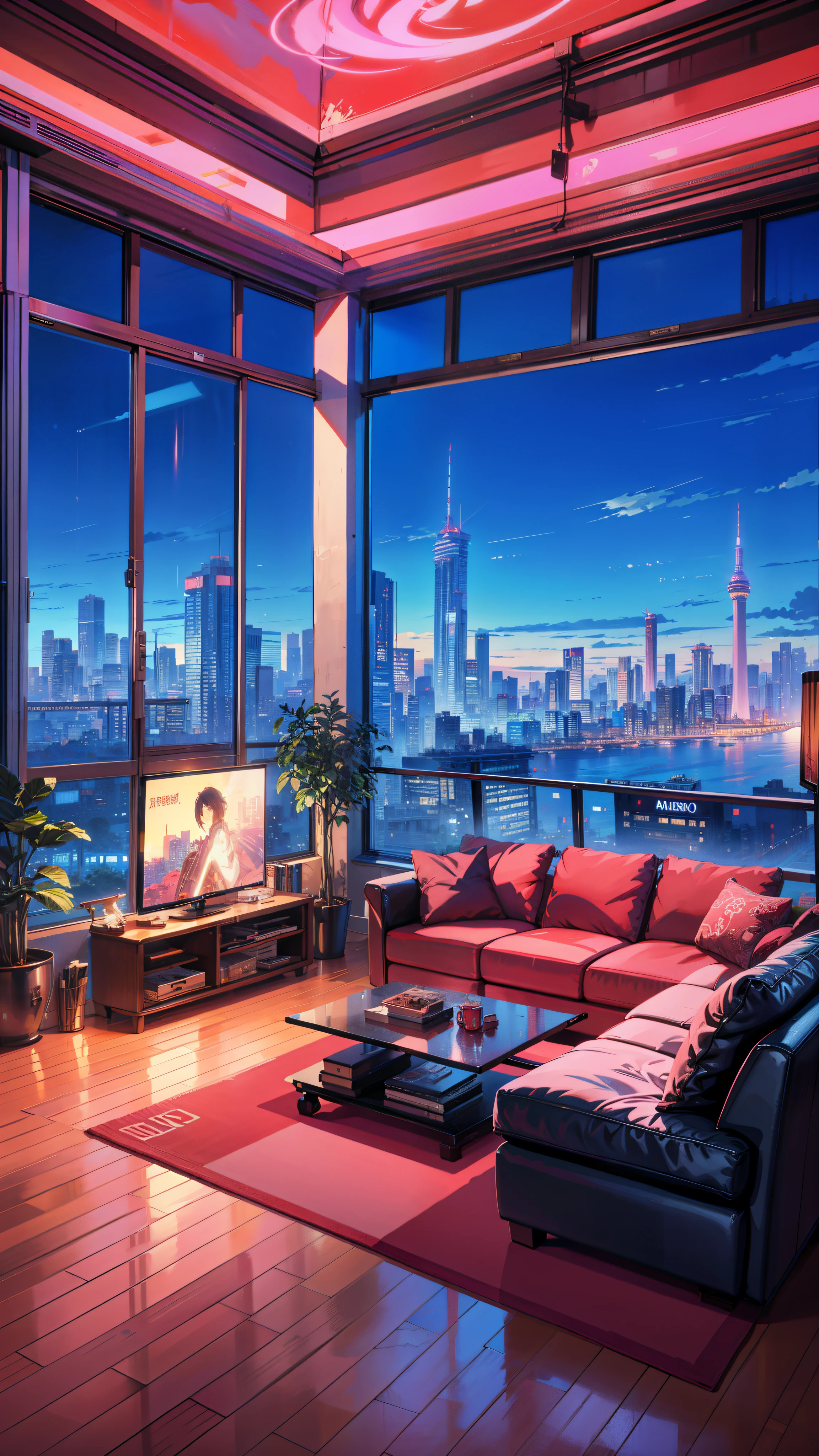 a painting of a living room filled with furniture and a large window, hd anime cityscape, anime style cityscape, the cyberpunk apartment, cyberpunk apartment, art deco outrun anime aesthestic, anime background art, anime asthetic, rio de janeiro in an anime film, anime wallaper, anime atmospheric, screenshot from a 2012s anime, anime background, anime aesthetic, anime. by makoto shinkai, hd anime cityscape, anime scenery concept art, anime scenery, style of makoto shinkai, makoto shinkai art style, anime. by makoto shinkai, by Makoto Shinkai, by makoto shinkai, anime scenery, kyoto animation, 4k hd,, beautiful art uhd 4 k, a beautiful artwork illustration, beautiful digital painting, highly detailed digital painting, beautiful digital artwork, detailed painting 4 k, very detailed digital painting, rich picturesque colors, gorgeous digital painting, saturated, no human