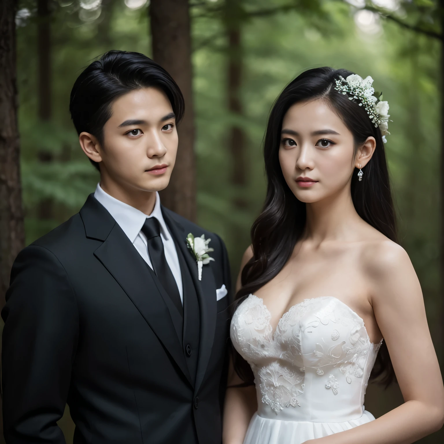 tmasterpiece， Best quality at best， {Best quality at best}， {{tmasterpiece}}， {A high resolution}， {{{Tano}}， extremely detailed couple， illustratio， couples， 1boys， 1girll， couple， Loves， Loves， 𝓡𝓸𝓶𝓪𝓷𝓽𝓲𝓬， Sharp focus， malefocus， female focus， Black color hair， Black eyes， suns， rays of sunshine， hoist， T 恤， Men's suit clothing， face expressionless， Women's wedding dress， ln the forest， fresh flowers， statement