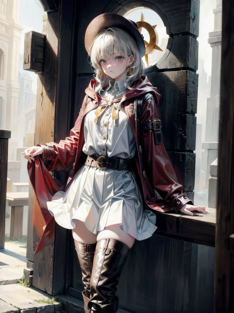 cool cowgirl, cowboy hat, blouse, decorated hooded armor jacket, cross belt, mini skirt, Red leather long boots, absurdres, RAW photo, extremely delicate and beautiful, masterpiece, Best Quality, ultra high resolution, 32k, hyperrealistic, ultra-detailed, detailed description, pale skin, 20 years old, tearful mole, earring, short medium hair, wavy hair, whole body shot,