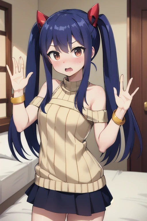 masterpiece, highest quality, High resolution, Arwendy, Long Hair, Twin tails, hair ornaments, Exposing shoulders, 
sweater,Bracelet, bracelet, at home,	waving gesture, Cowboy Shot, Embarrassed,
