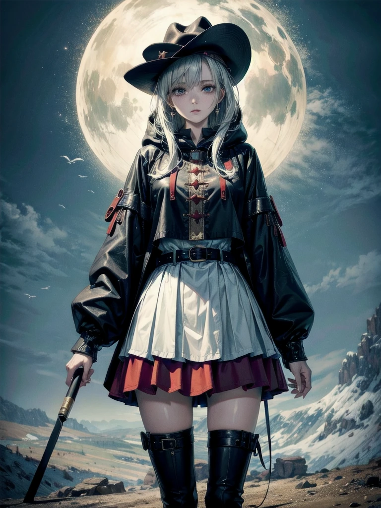 cool cowgirl, cowboy hat, blouse, decorated hooded armor jacket, cross belt, mini skirt, Red leather long boots, absurdres, RAW photo, extremely delicate and beautiful, masterpiece, Best Quality, ultra high resolution, 32k, hyperrealistic, ultra-detailed, detailed description, pale skin, 20 years old, tearful mole, earring, short medium hair, wavy hair, whole body shot,