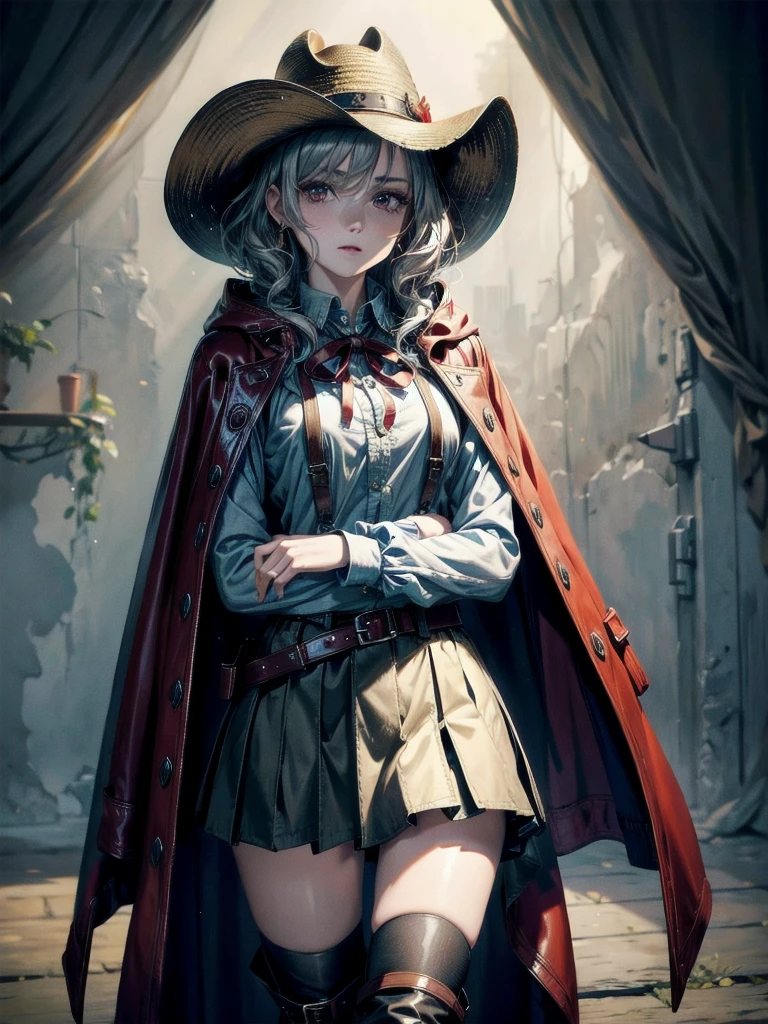 cool cowgirl, cowboy hat, blouse, decorated hooded armor jacket, cross belt, mini skirt, Red leather long boots, absurdres, RAW photo, extremely delicate and beautiful, masterpiece, Best Quality, ultra high resolution, 32k, hyperrealistic, ultra-detailed, detailed description, pale skin, 20 years old, tearful mole, earring, short medium hair, wavy hair, whole body shot,