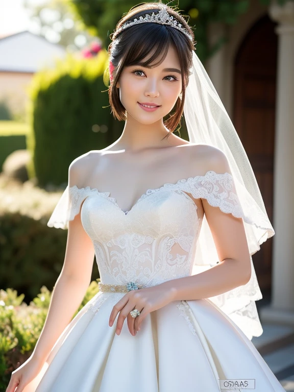 (Best quality: 1.5), (Realistic: 1.5), (1 person: 1.5), (Medium shot: 1.5), Highly detailed, High resolution, 8k, Medium breasts, Natural colored lips, Cute smile, Japanese woman, 20-year-old girl, beautiful and elegant features, perfect and beautiful face, large eyes with good balance between the left and right sides, brunette eyes, beautiful and elegant features, beautiful double eyelids, natural bangs, beautiful thin nose, beautiful skin, fair skin, (medium bob hair), natural bangs, perfect and beautiful face, slim face and figure, (looks at the camera with a sweet smile), bright lighting, professional lighting, forward lighting, princess line wedding dress, best Wearing a luxury bridal tiara (wearing a pure white off-shoulder wedding dress), luxury wedding dress, lace white gloves, bridal veil, (Western garden with beautiful roses), Western garden, holding the hem of the skirt,