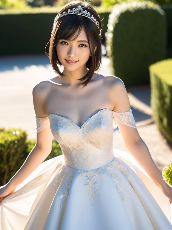 (Best quality: 1.5), (Realistic: 1.5), (1 person: 1.5), (Medium shot: 1.5), Highly detailed, High resolution, 8k, Medium breasts, Natural colored lips, Cute smile, Japanese woman, 20-year-old girl, beautiful and elegant features, perfect and beautiful face, large eyes with good balance between the left and right sides, brunette eyes, beautiful and elegant features, beautiful double eyelids, natural bangs, beautiful thin nose, beautiful skin, fair skin, (medium bob hair), natural bangs, perfect and beautiful face, slim face and figure, (looks at the camera with a sweet smile), bright lighting, professional lighting, forward lighting, princess line wedding dress, best Wearing a luxury bridal tiara (wearing a pure white off-shoulder wedding dress), luxury wedding dress, lace white gloves, bridal veil, (Western garden with beautiful roses), Western garden, holding the hem of the skirt,