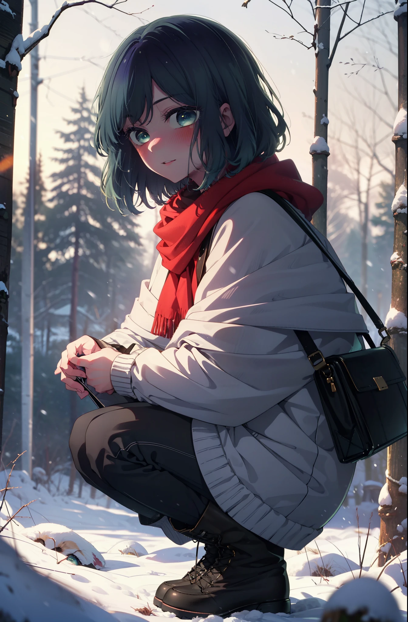 akanekurokawa, akane kurokawa, bangs, (Green Eyes:1.3), Blue Hair, Medium Hair, dark Blue Hair,smile,blush,White Breath,
Open your mouth,snow,Ground bonfire, Outdoor, boots, snowing, From the side, wood, suitcase, Cape, Blurred, , forest, White handbag, nature, Squat, Mouth closed, Cape, winter, Written boundary depth, Black shoes, red Cape break looking at viewer, Upper Body, whole body, break Outdoor, forest, nature, break (masterpiece:1.2), highest quality, High resolution, unity 8k wallpaper, (shape:0.8), (Beautiful and beautiful eyes:1.6), Highly detailed face, Perfect lighting, Extremely detailed CG, (Perfect hands, Perfect Anatomy),