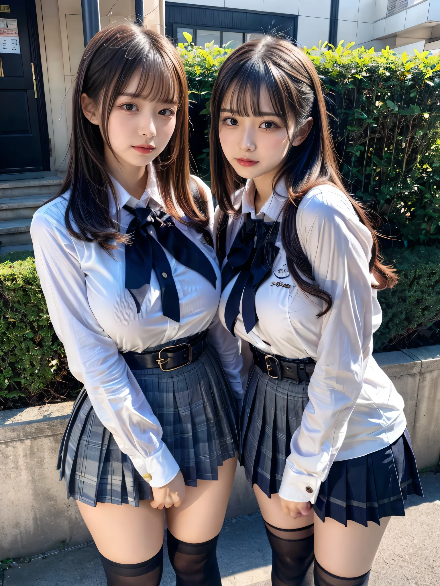 (8K, Raw photography, top-quality, ​masterpiece:1.2), muster piece, best quality, illustration, Super detailed, fine details, High resolution, 8K,wall paper, perfect dynamic composition,(Details High quality, realistic depiction of eyes:1.3), ((2 girls, 2 schoolgirls)), The background is a luxury hotel room、High school girl uniform、blazer 、Super Short Check Uniform Skirt、Navy blue high socks、garterbelts、Colossal tits、Disturbed uniform, Play with each other,Touching each other's bodies,Touching the body of the girl next door, short bob hair, black hair color, huge breasts, Big Natural Color Lip, bold sexy pose, (perfect body shape), crying a little、cold gaze, Harajuku style、Beautiful makeup,glitter makeup,Cutest 18 years old、 beautiful legs, hposing Gravure Idol, Voluptuous thighs