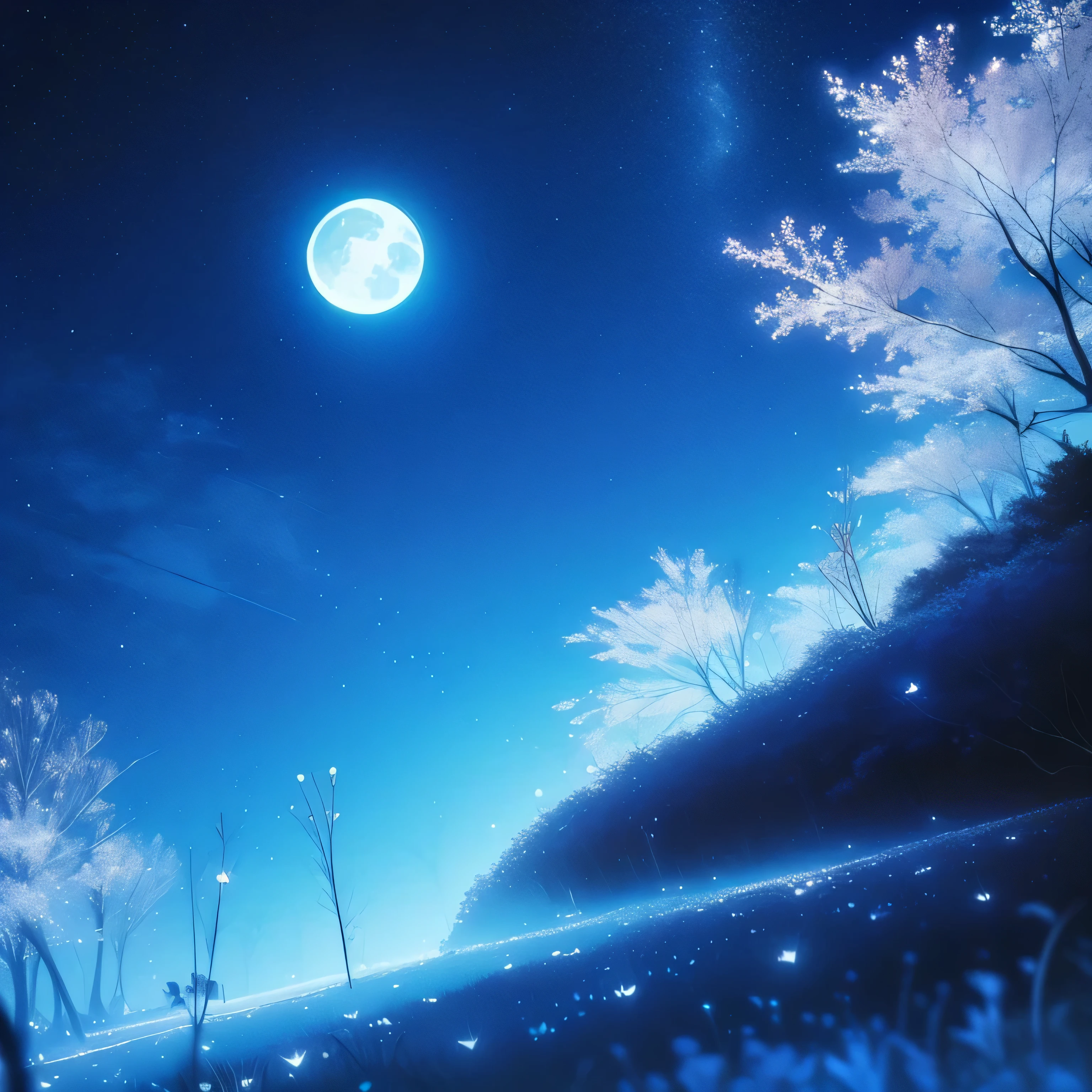 Night scenery with moon, A bright moon in the sky ( sem pessoas) e uma floresta no fundo, ceu negro, anime scenery, with ultra-realistic lines and details in high definition.