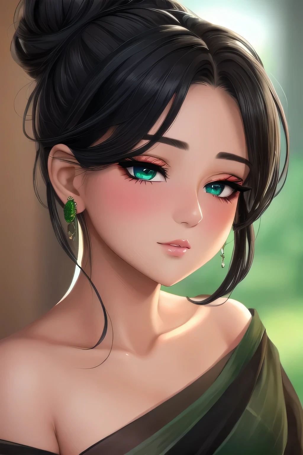 (best quality, highres, ultra-detailed), beautiful detailed eyes, perfect lips, sexy, amazing portrait, messy bun, black hair, amazing makeup, intense blush, flustered, lustful, black blouse, sheer dark green saree, hot, vibrant colors, soft lighting