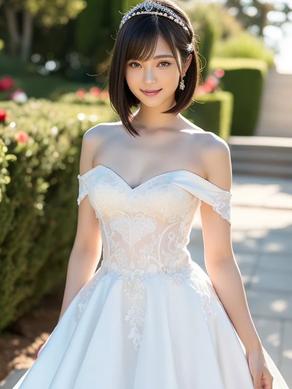(Best quality: 1.5), (Realistic: 1.5), (1 person: 1.5), (Medium shot: 1.5), Highly detailed, High resolution, 8k, Medium breasts, Natural colored lips, Cute smile, Japanese woman, 20-year-old girl, beautiful and elegant features, perfect and beautiful face, large eyes with good balance between the left and right sides, brunette eyes, beautiful and elegant features, beautiful double eyelids, natural bangs, beautiful thin nose, beautiful skin, fair skin, (medium bob hair), natural bangs, perfect and beautiful face, slim face and figure, (looks at the camera with a sweet smile), bright lighting, professional lighting, forward lighting, princess line wedding dress, best Wearing a luxury bridal tiara (wearing a pure white off-shoulder wedding dress), luxury wedding dress, lace white gloves, bridal veil, (Western garden with beautiful roses), Western garden, holding the hem of the skirt,