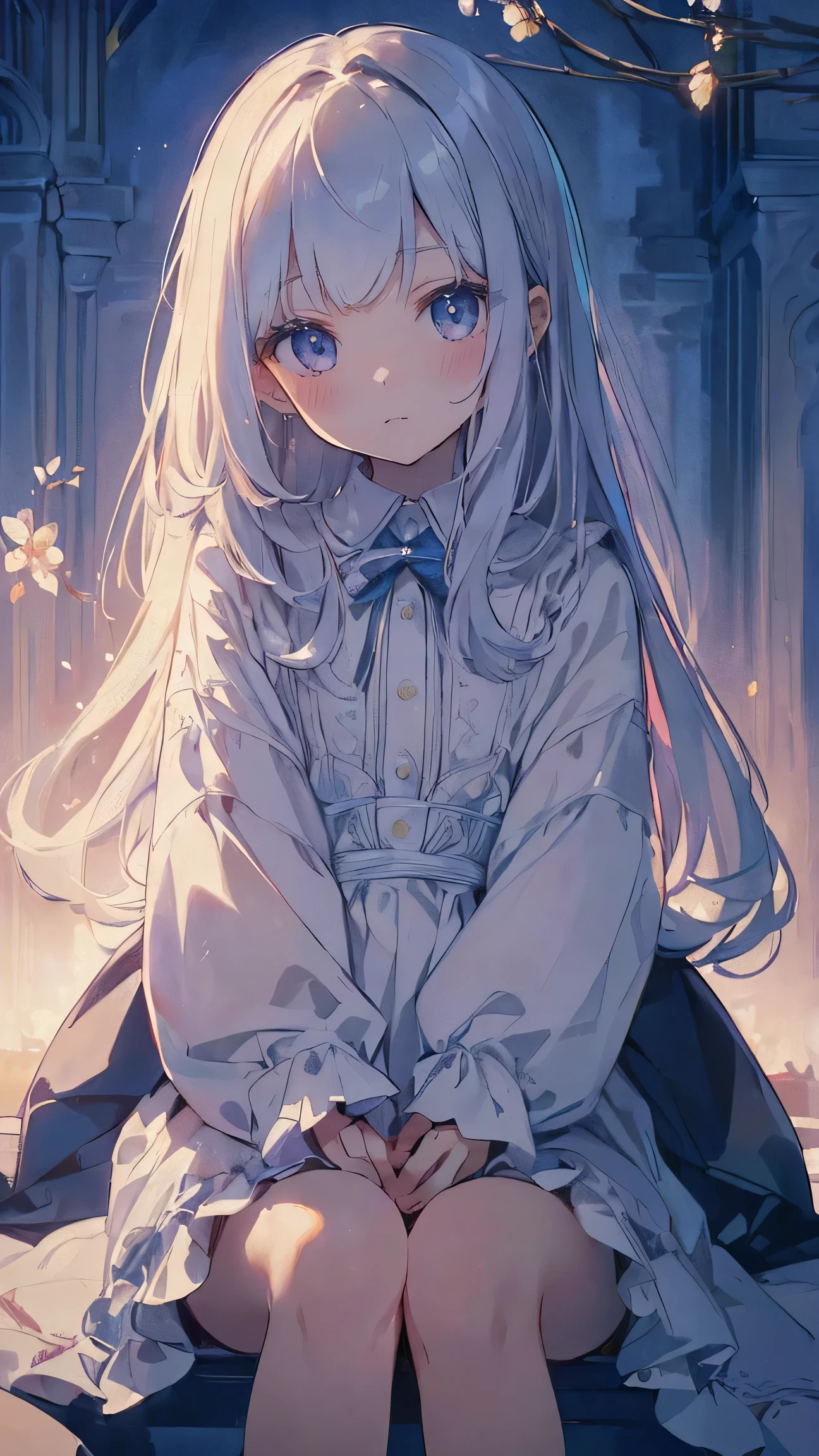 Masterpiece、Highest quality、highest quality、(((Lori)))、 ((((Petite))、Shiny hair quality、Small face、Sitting、Super detailed, beautiful, wide eyes、Ultra-detailed, clear and beautiful faces、(cute illustration:1.2), High-resolution, ultra-detailed, best quality, embarrassed