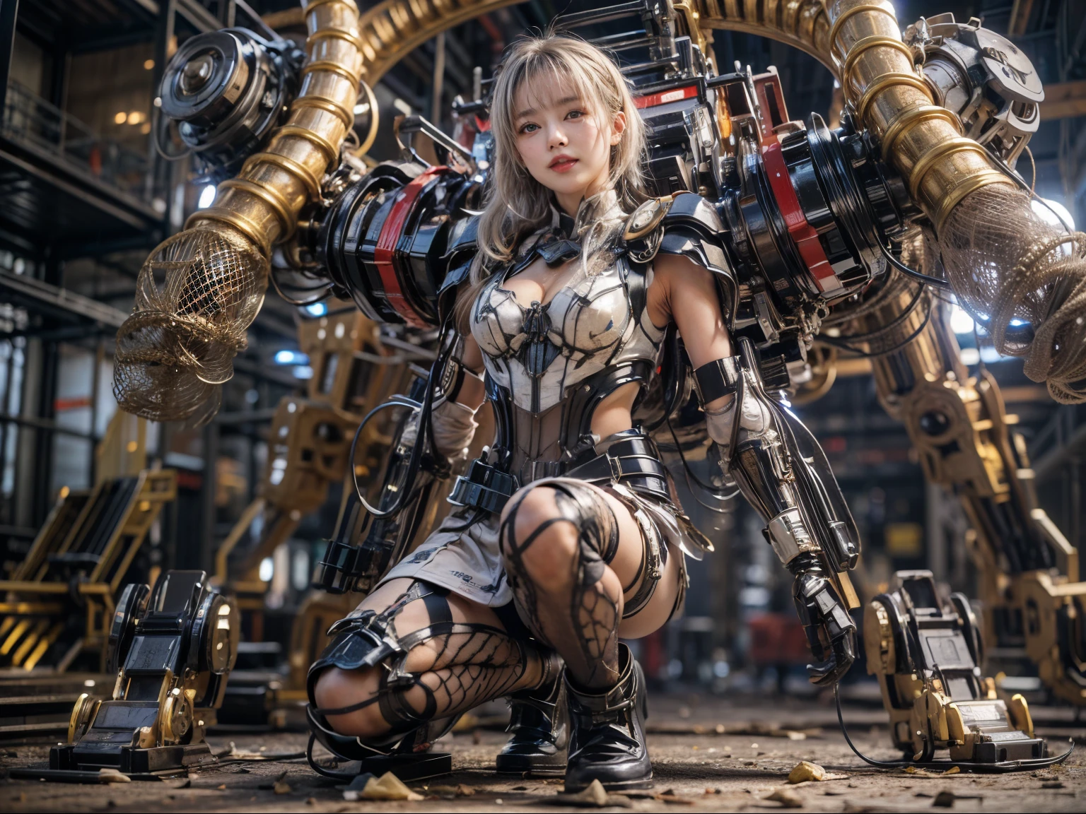 (masterpiece, best quality:1.2), (8k uhd, 16k, 32k, ultra high res), Japanese woman, heavy equipment, Mechanical backpack, very beautiful face, double teeth, fangs, reinforced exoskeleton with insect references, canine teeth, smiling face, silver hair, full body shot, photorealistic, realistic, ultra realistic, ultra detailed, ultimate intricate detail, lighting highlighting machinery, glossy, cave with a suspicious atmosphere